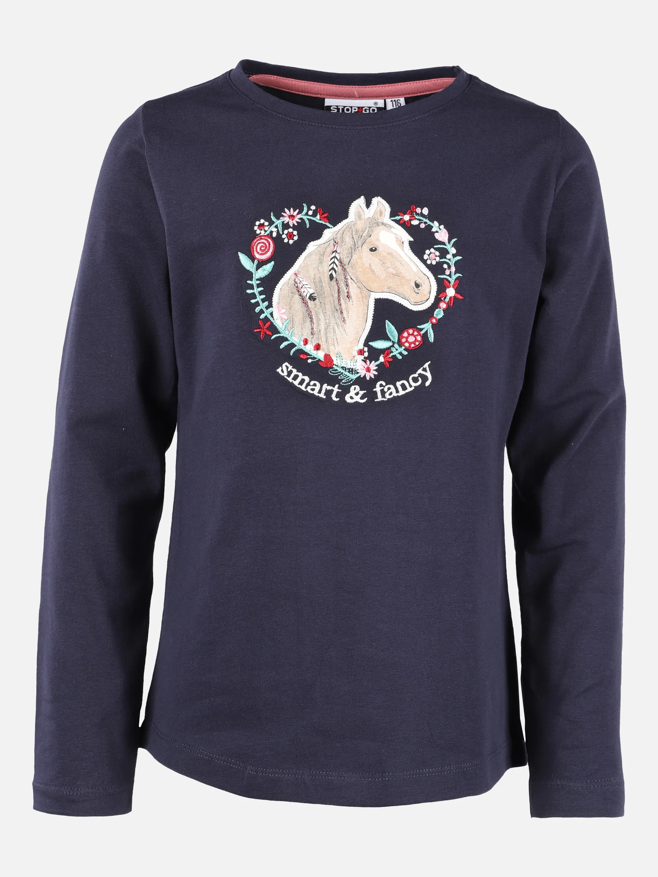Mädchen Longsleeve mit Stickerei und Pferdeprint