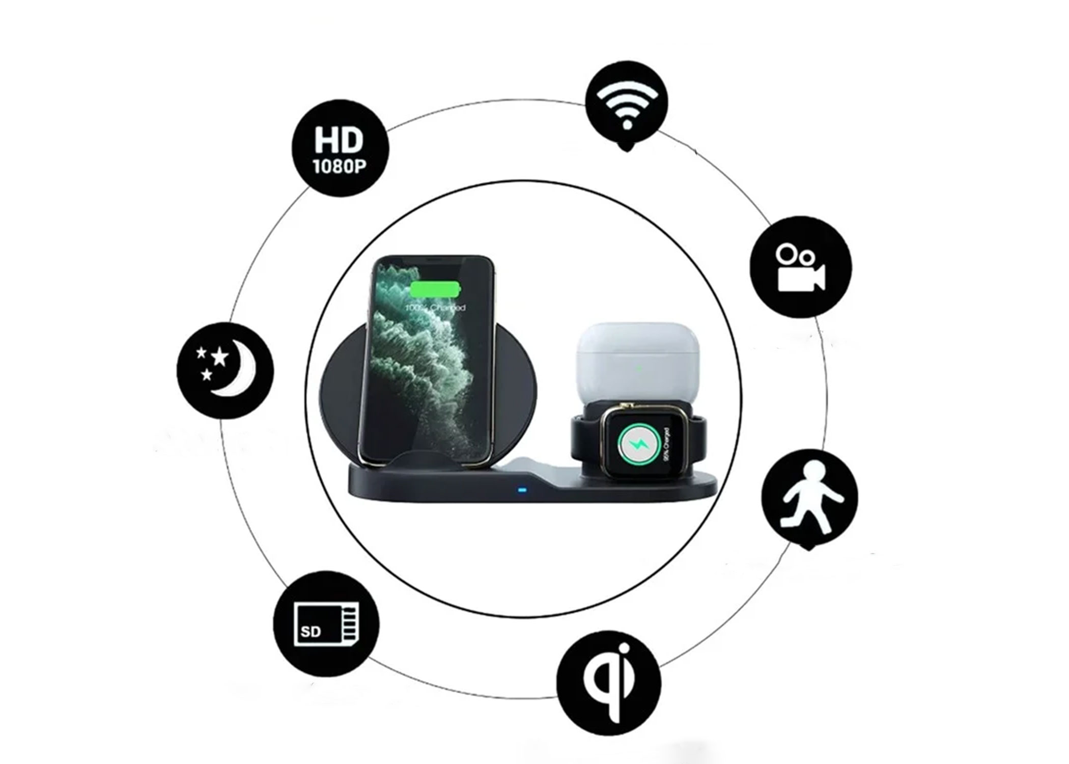 (10W) Smarte 3-in-1 iPhone / Apple Watch und AirPods Ladestation mit unsichtbarer 1080p Überwachungskamera   Micro SD Kartenslot - Schwarz