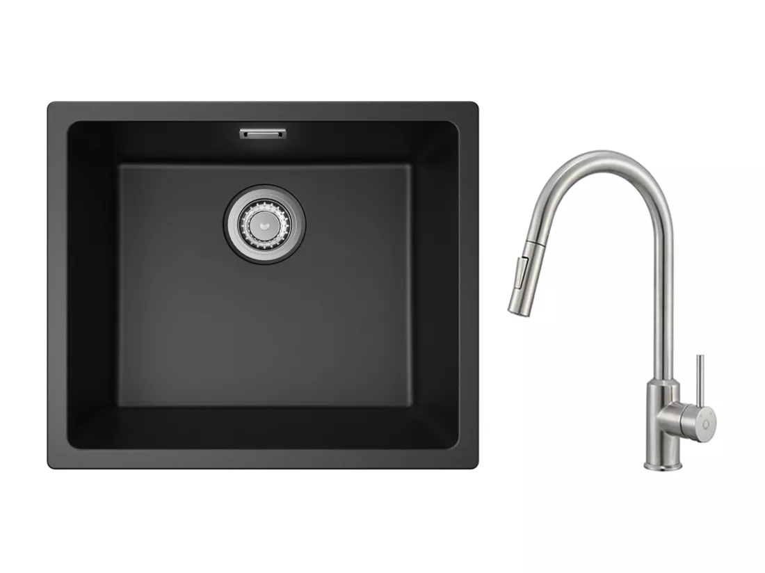 CECIPA MAX Evier 1 Bac en Quartz et Résine Noir Gris 50*44*20cm + Mitigeur avec Douchette Extractible 2 Modes de Sortie D'eau
