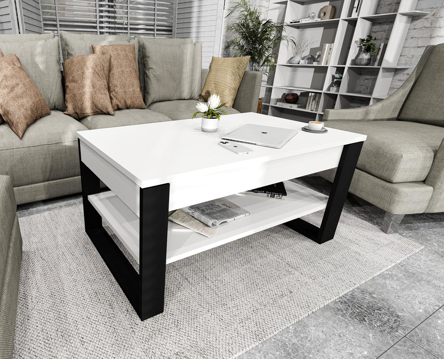 Couchtisch mit anhebbarer Platte | Höhenverstellbarer Wohnzimmertisch mit Stauraum | Sofatisch Weiß Schwarz modern mit Ablage & verstecktem Fach – Coffee Table für Wohnzimmer & Büro