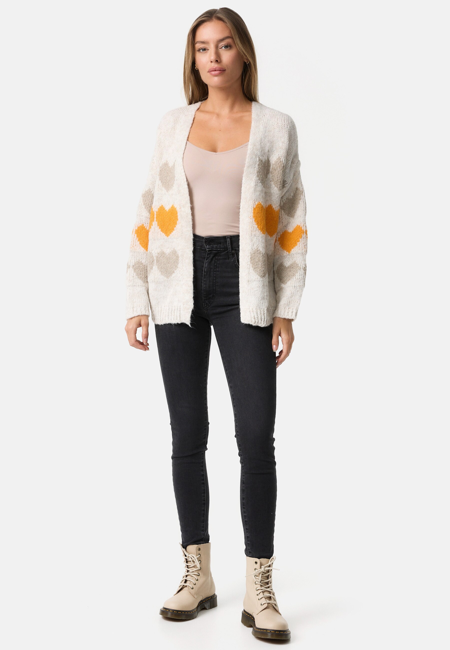 PM SELECTED Damen Warme Strickjacke Cardigan mit Herzmuster in Einheitsgröße PM66