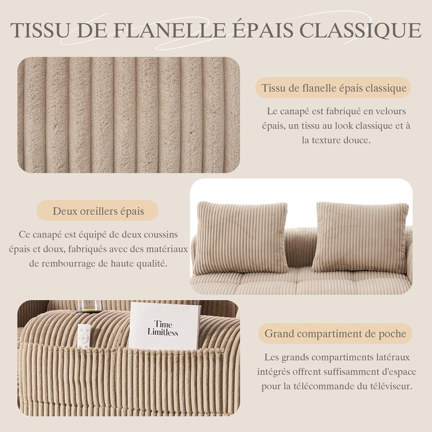 Canapé en Velours côtelé Moderne avec 2 Coussins, 2 Poches latérales, Canapé de Loisirs Modular 2 Places avec 2 Porte-gobelet, Canapé d'angle pour Salon, Bureau (Khaki) UW1265353