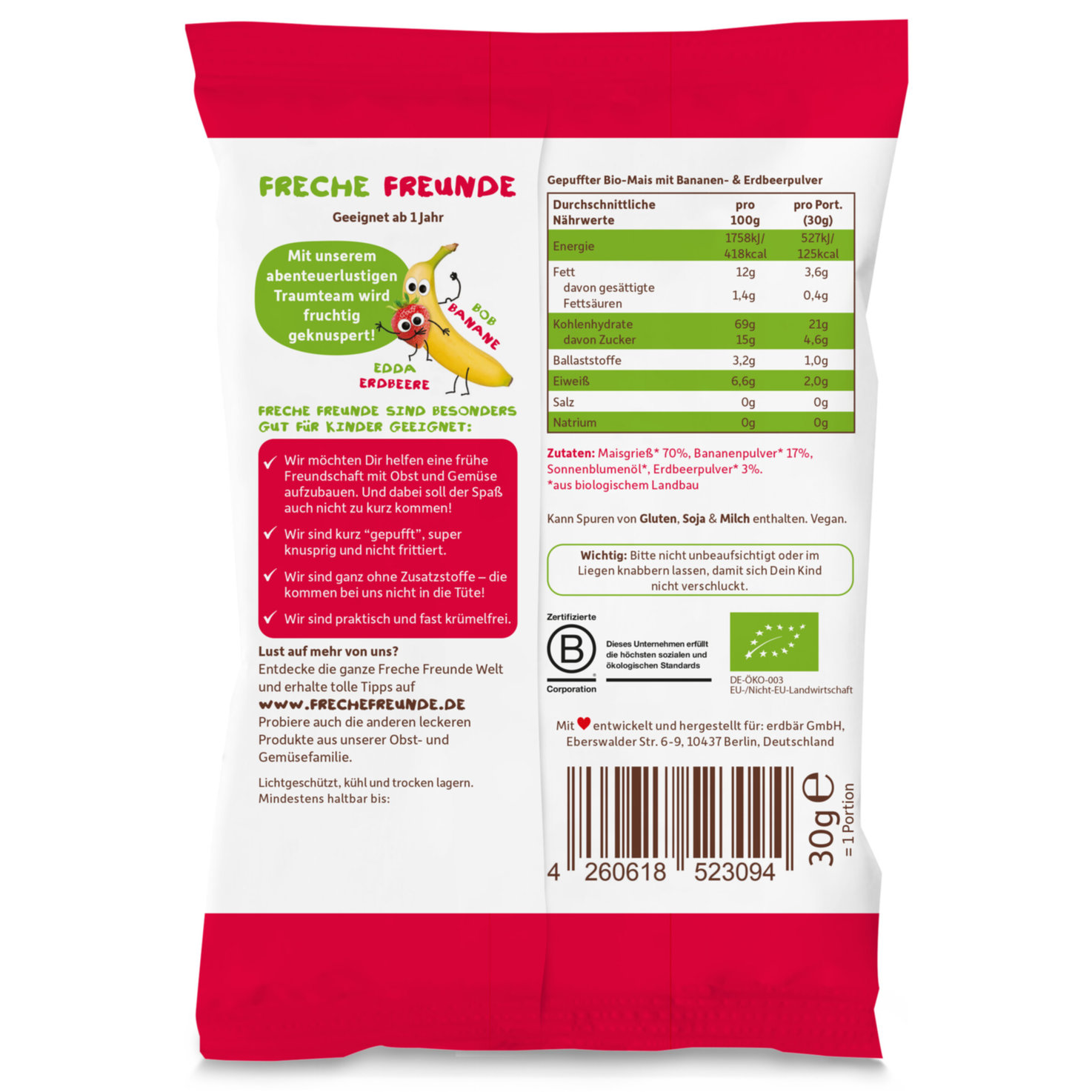 Freche Freunde Bio Knusper-Herzchen Banane & Erdbeere 12+ Monate