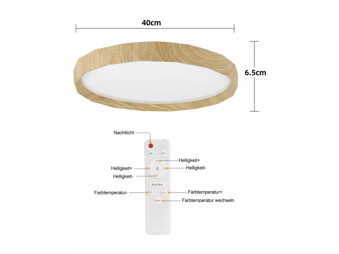 NETTLIFE Plafonnier LED Salon - Lampe de Salon Aspect Bois Ø40cm Plafonnier Chambre 43W Lampe de Chambre dimmable avec télécommande