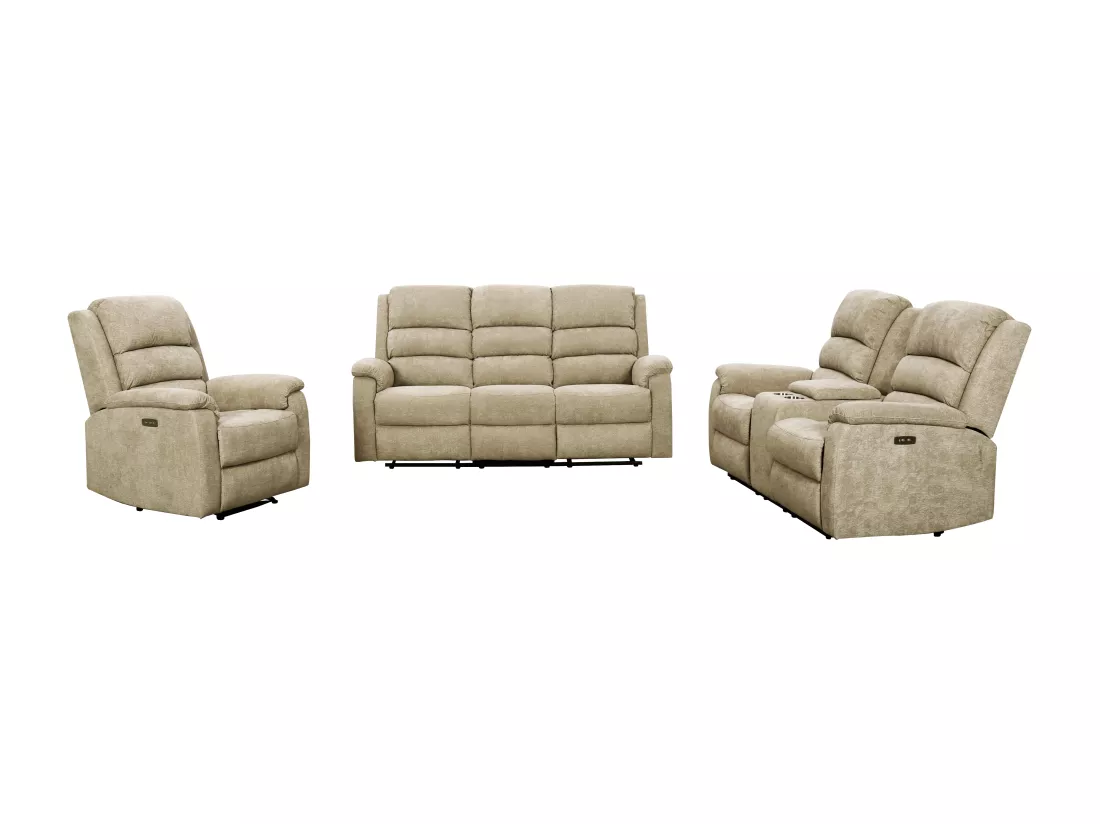 Canapés 3 places 2 places et un fauteuil relax électrique en tissu taupe NEVERS