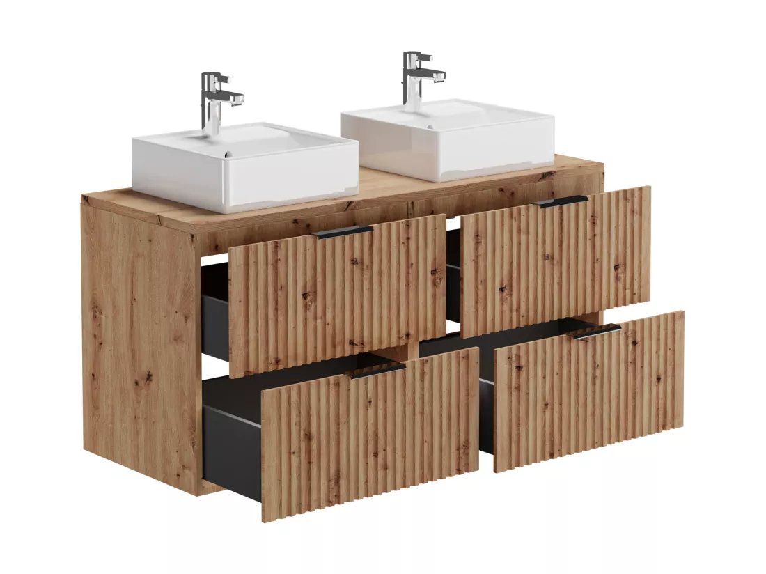 Meuble de salle de bain suspendu strié avec double vasque à poser carrée - Naturel clair - L120 cm - ZEVARA