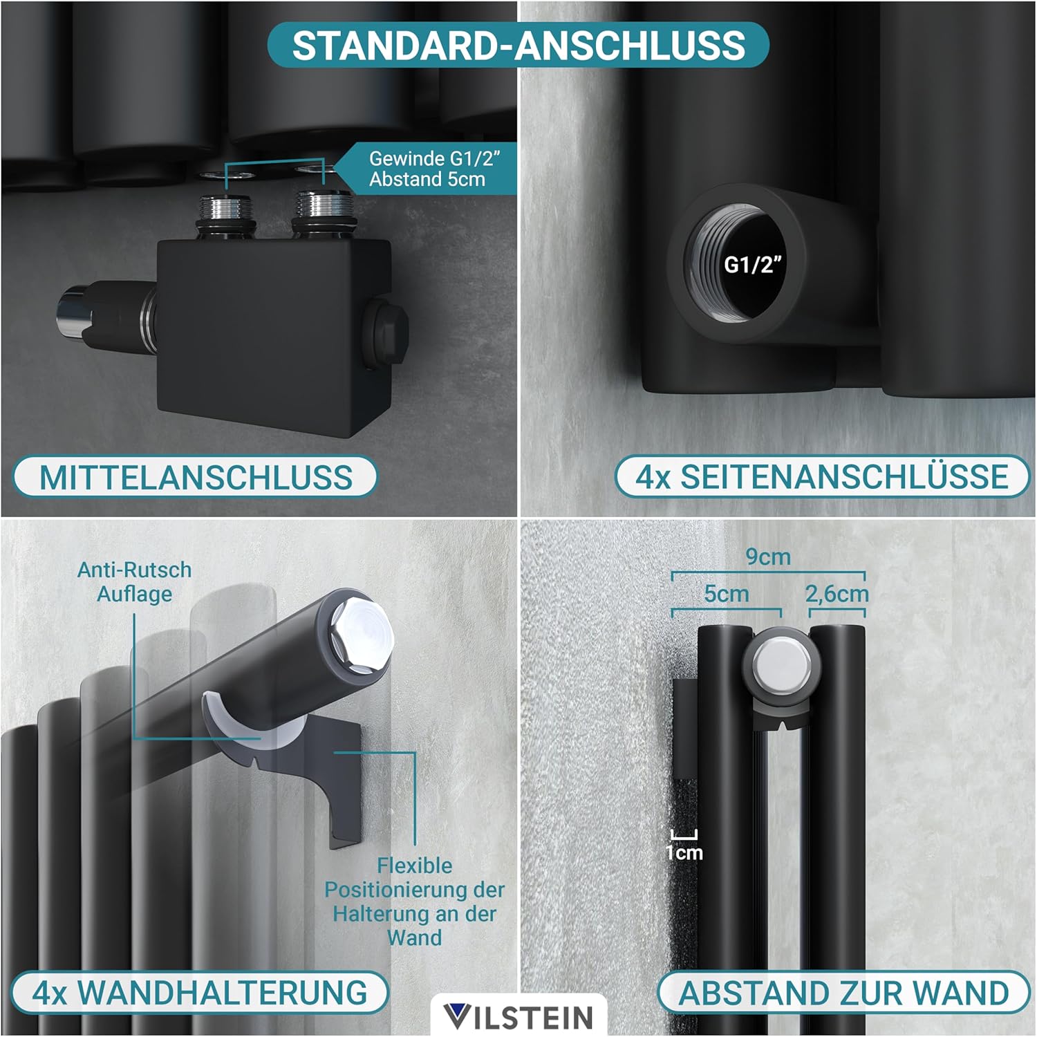 VILSTEIN Design Heizkörper Flach, Flachheizkörper, Paneelheizkörper, Wandheizkörper, Mittelanschluss & Seitenanschluss, Schwarz, Doppellagig, 1210W, Horizontal, 60x90 cm