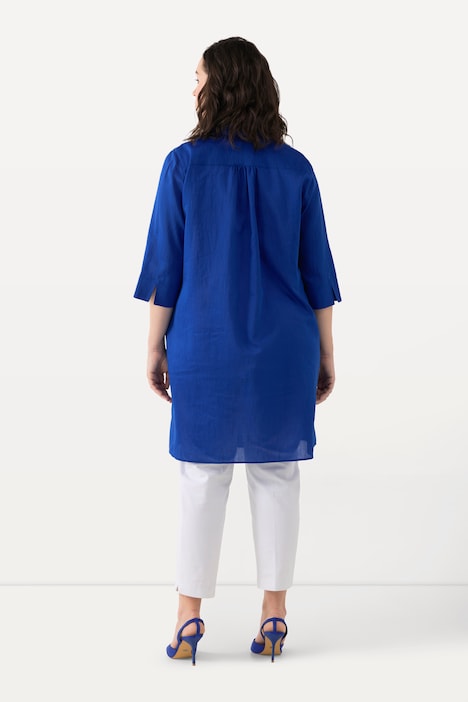 Longbluse, Leinenmix, A-Linie, Hemdkragen, 3/4-Arm