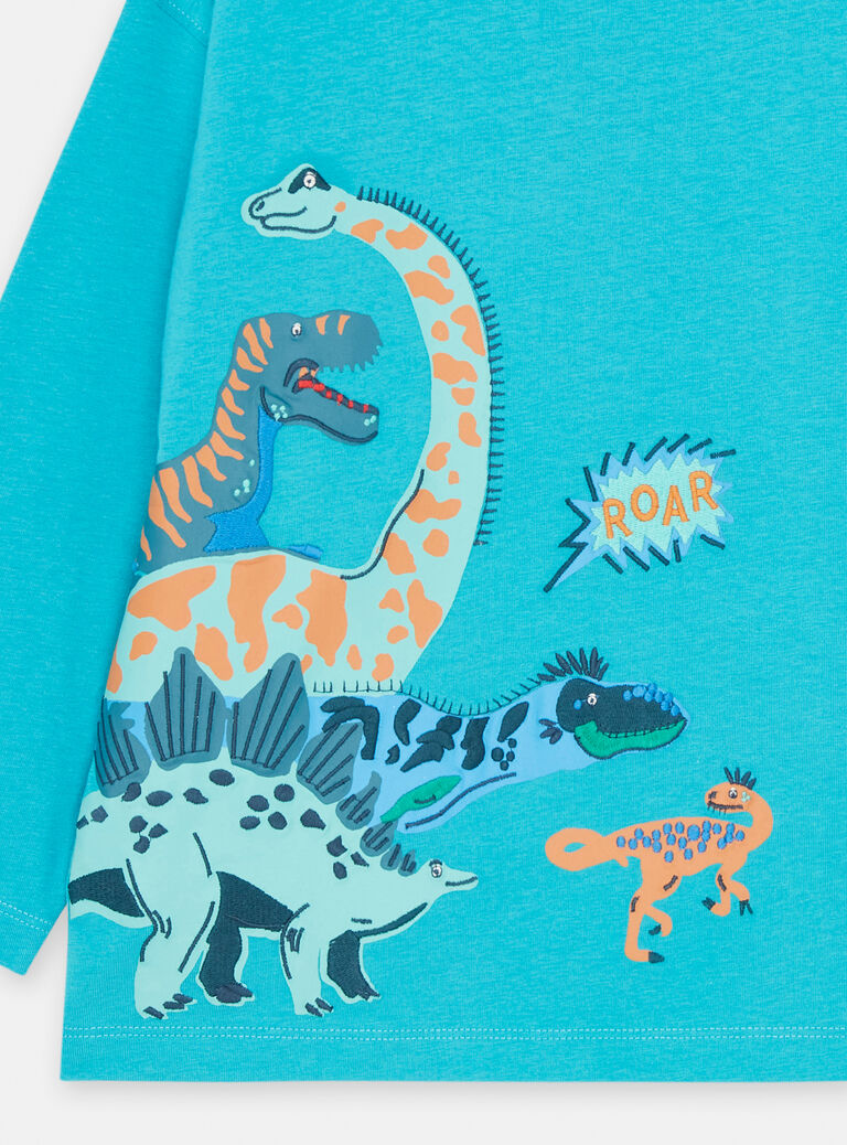 T-shirt turquoise patches et broderie dino pour garçon