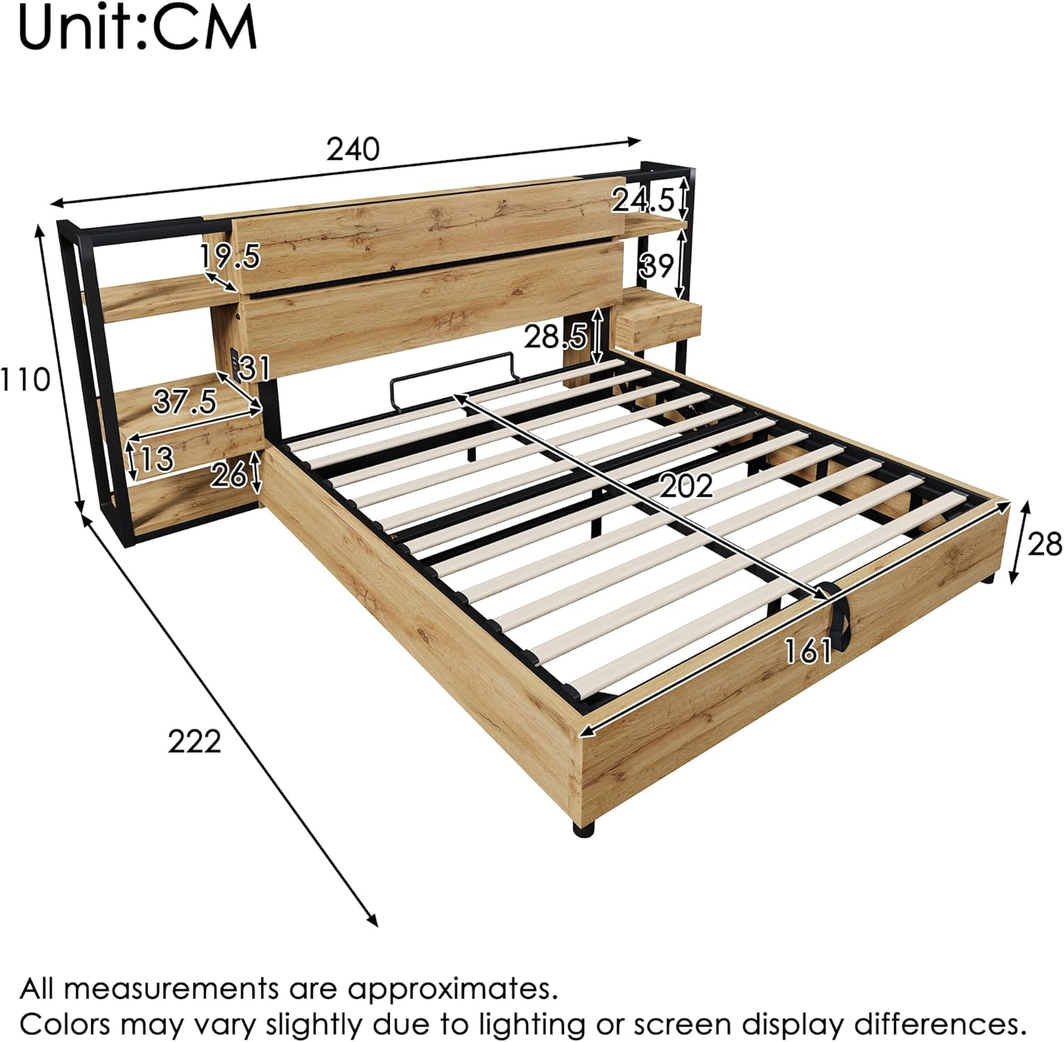 Doppelbett Bettanlage 160x200 mit Nachttisch,Stauraum Kopfteil mit Schubladen und USB Type-C-Ladefunktion,Hydraulisch Stauraumbett Holzbett Bettgestell Jugendbett Erwachsenenbett,Ohne Matratze,Eiche