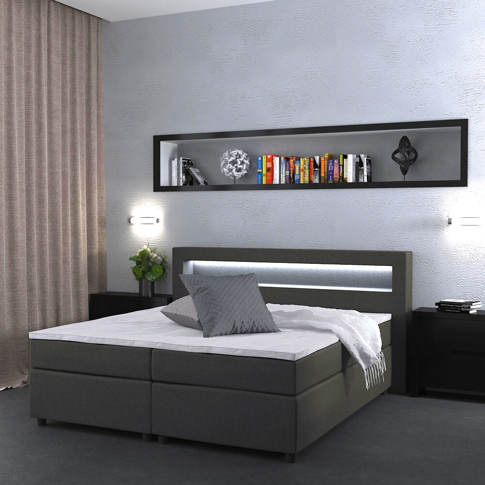 VitaliSpa Boxspringbett Doppelbett 180x200 LED Beleuchtung Komfortschaum Topper