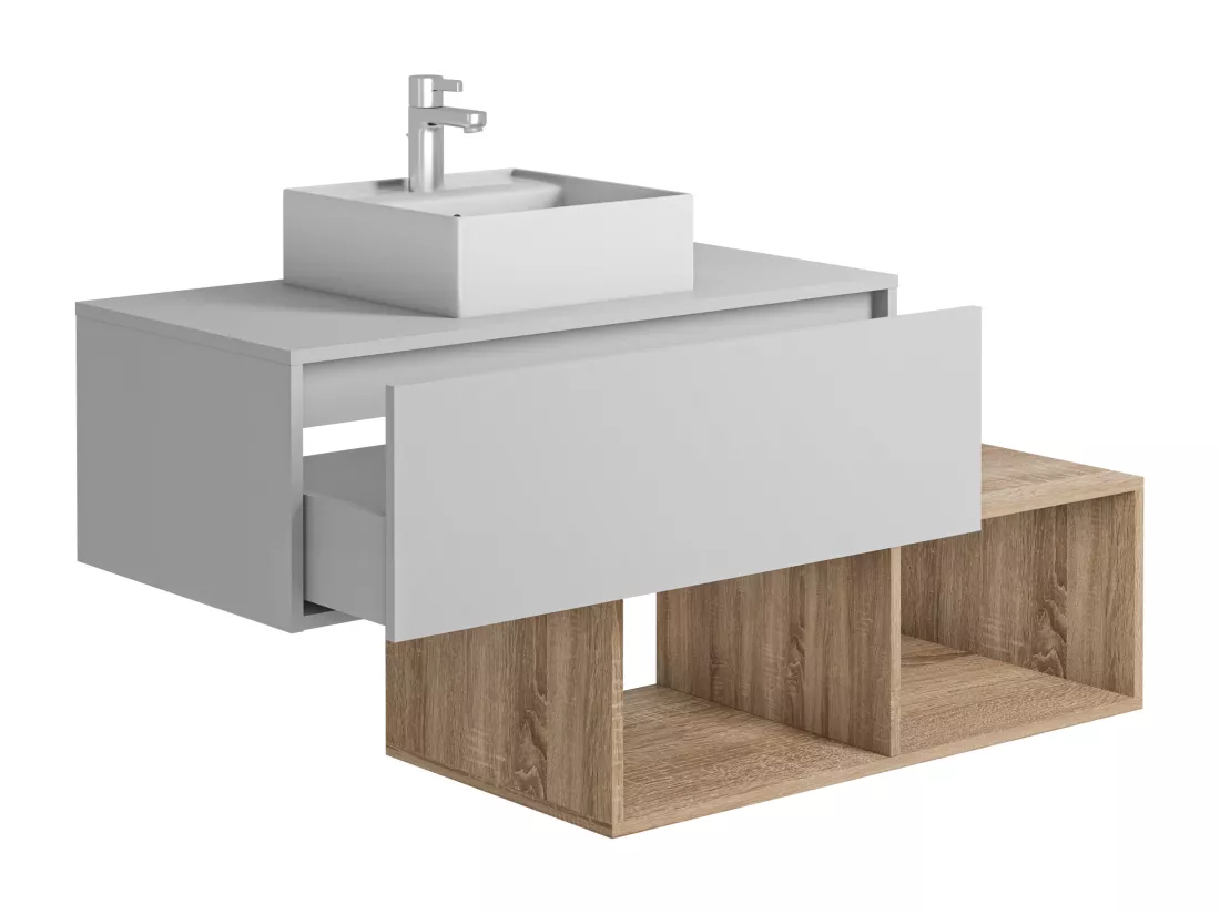 Meuble de salle de bain suspendu avec vasque carrée - 1 tiroir blanc et 2 niches naturel clair - 94 cm - TEANA II