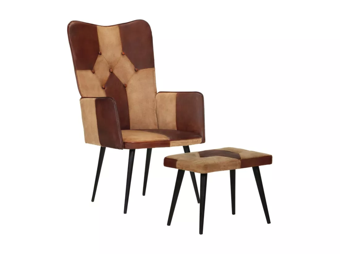 Fauteuil avec repose-pieds Marron Cuir véritable et toile