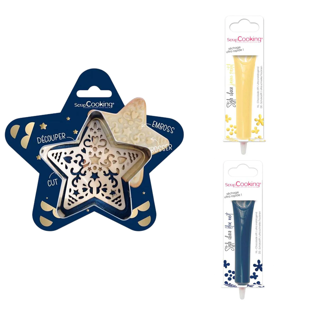 Kit pour biscuit en relief Étoile + 2 Stylos au chocolat jaune pastel
