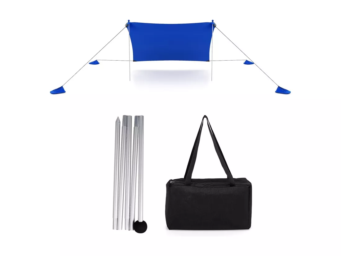 Tente de Plage Portable 2,3 x 2 M Anti UV UPF50+, Abris Solaire de Plage avec 4 Sacs pour Sable Piquets de Sol 2 Poteaux Sac de Transport, Idéal pour Plage Camping Pêche (Bleu)