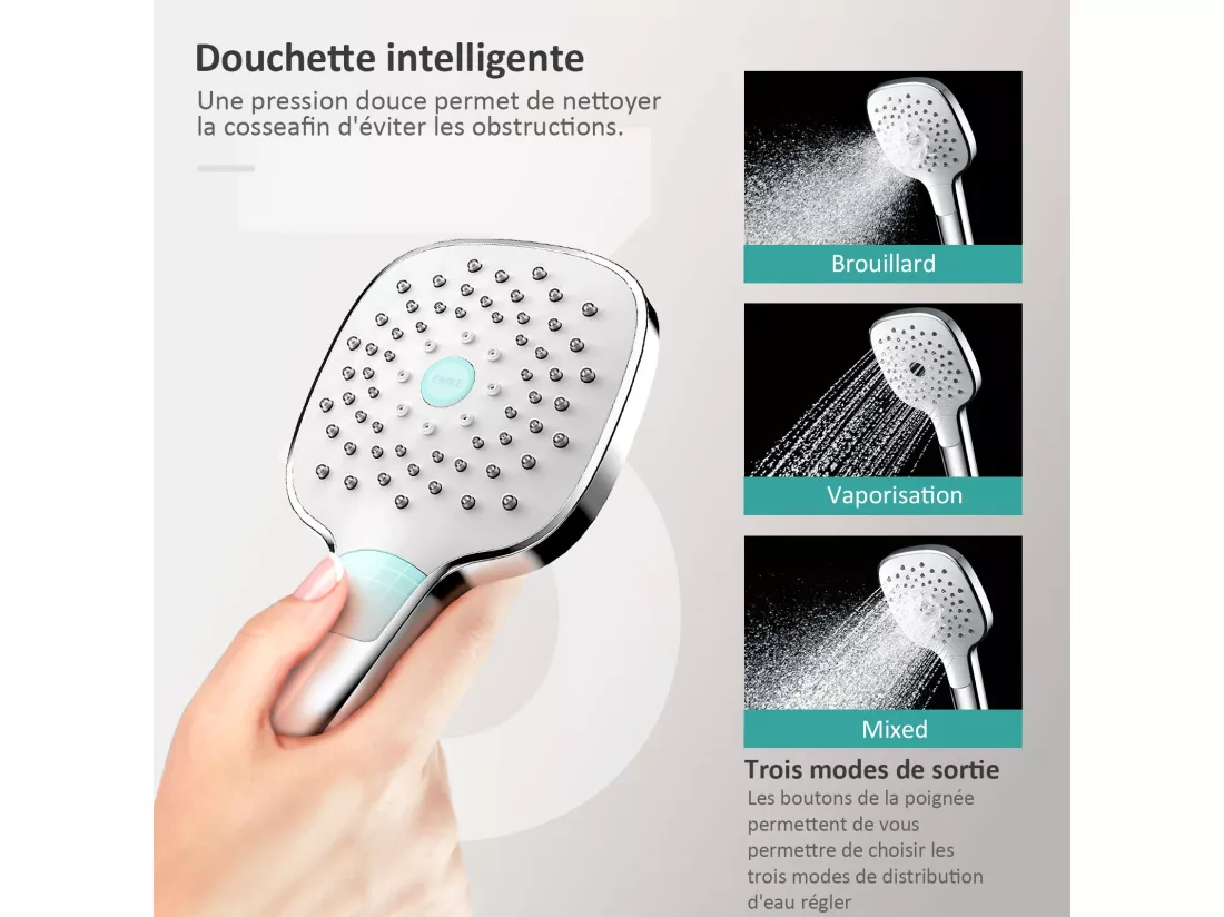 EMKE Colonne de douche thermostatique, Chrome, ensemble de douche avec 38℃ thermostat Douche de pluie et douchette à main, Réglable en Hauteur, Carré