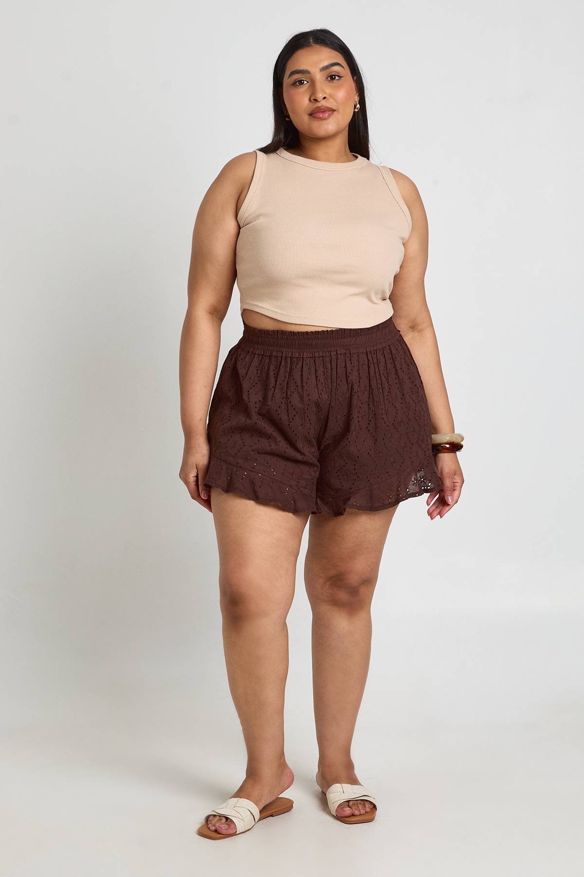 boohoo Short Évasé Grande Taille À Taille Élastiquée En Broderie Anglaise
