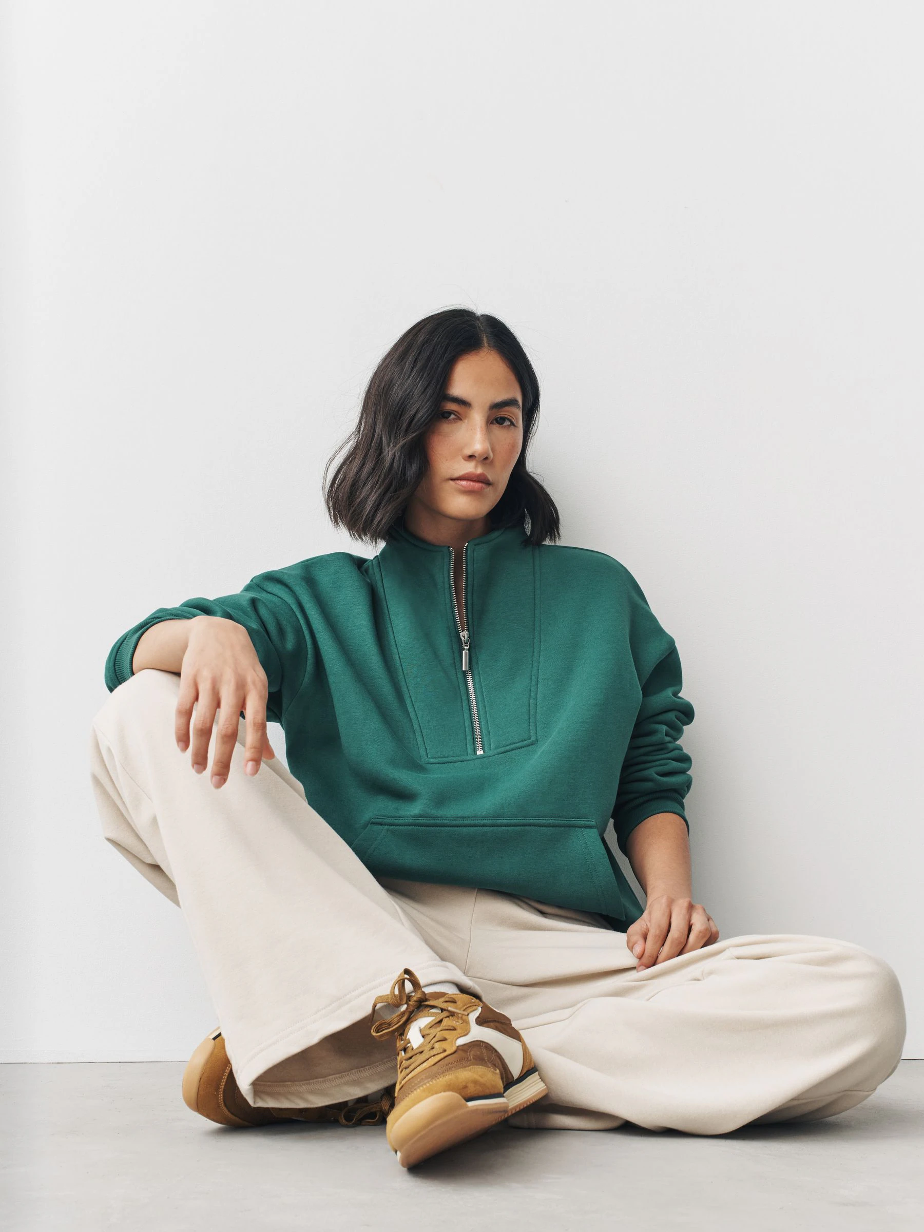 Blauwgroen - Relaxed fit sweatshirt van zware katoenrijke jersey met ritssluiting bij de hals