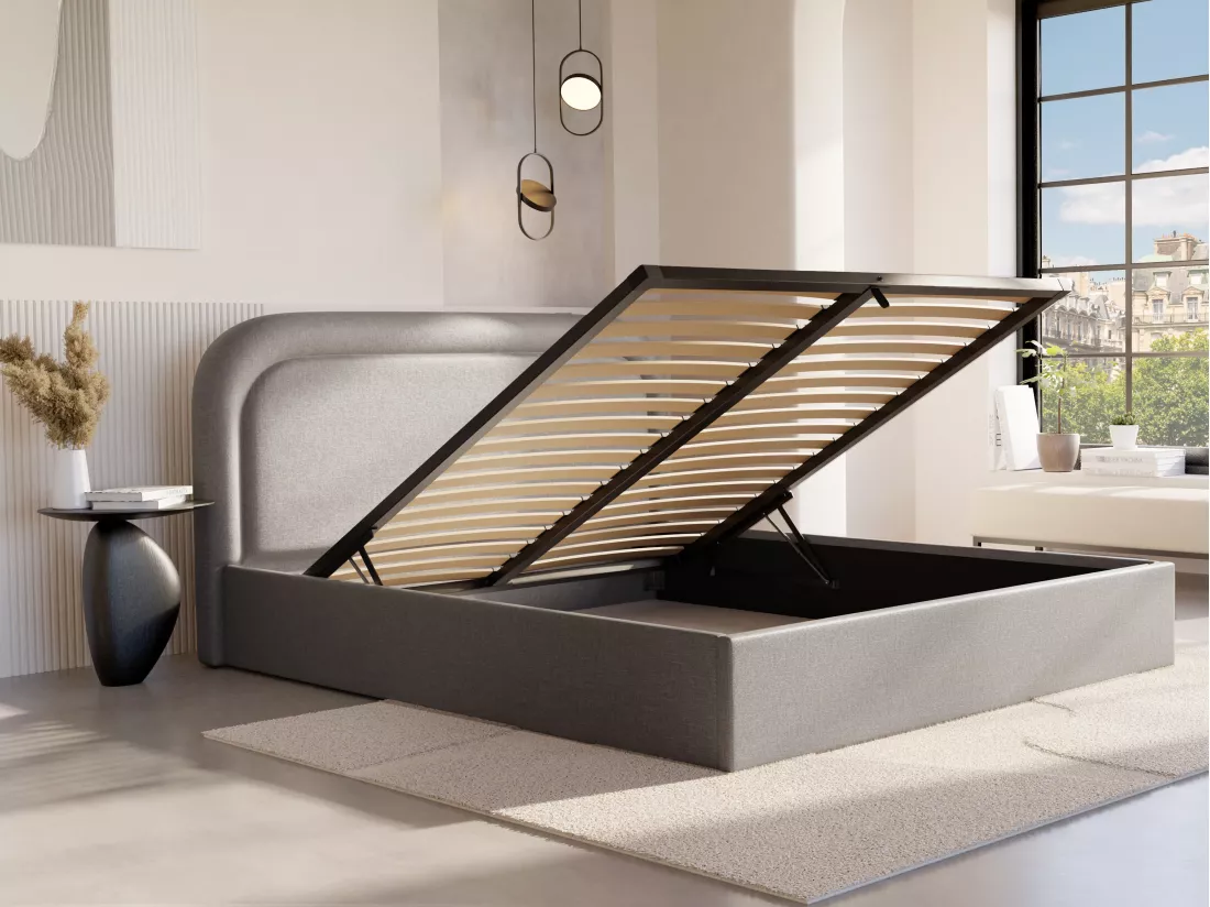 Lit coffre 160 x 200 cm - Tissu chiné - Gris clair + Matelas - FIREZA