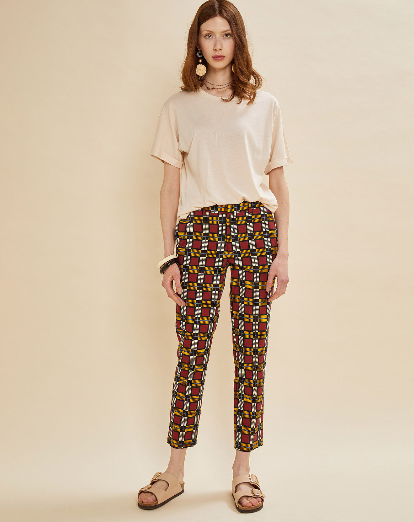 Chloé Stora Pantalon Priscille imprimé bordeaux/jaune/noir