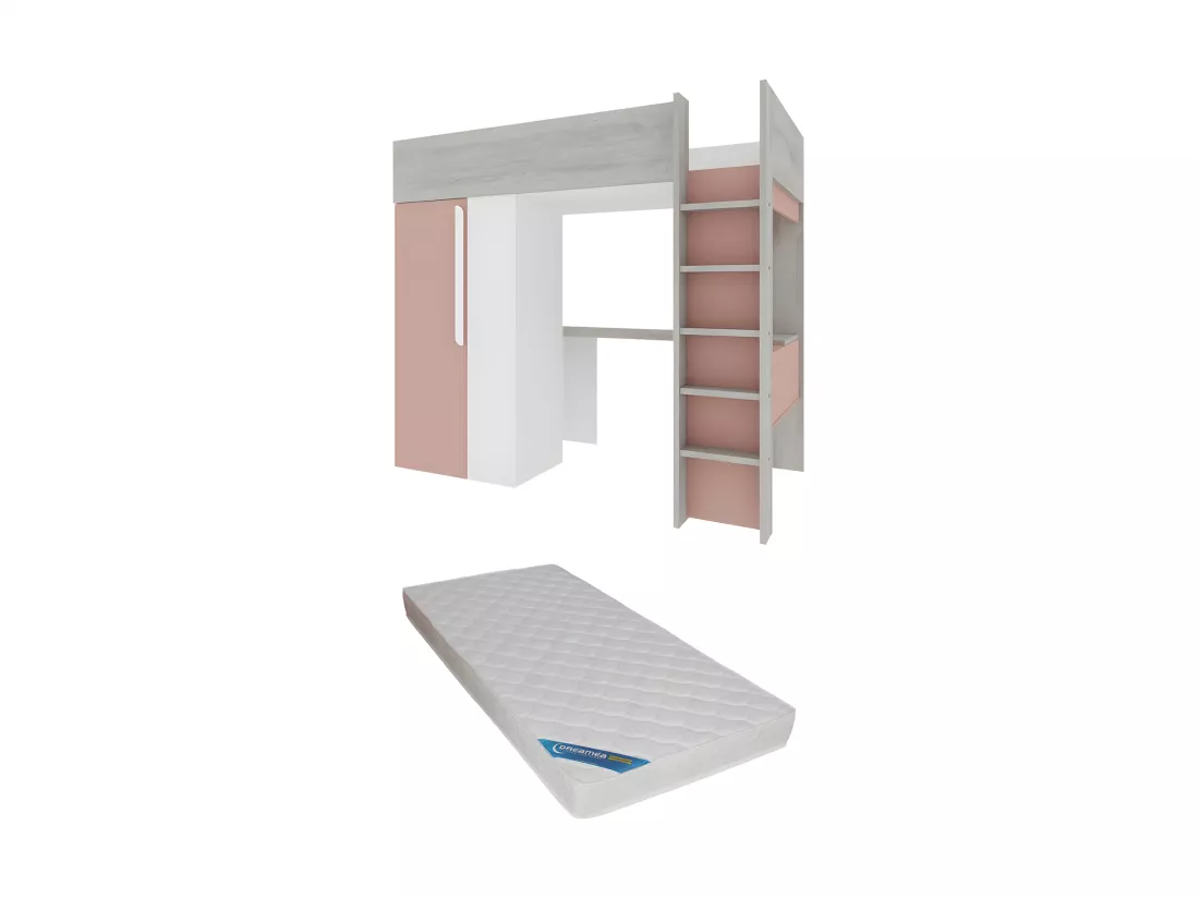 Lit mezzanine 90 x 200 cm avec armoire et bureau - Rose et blanc + matelas - NICOLAS