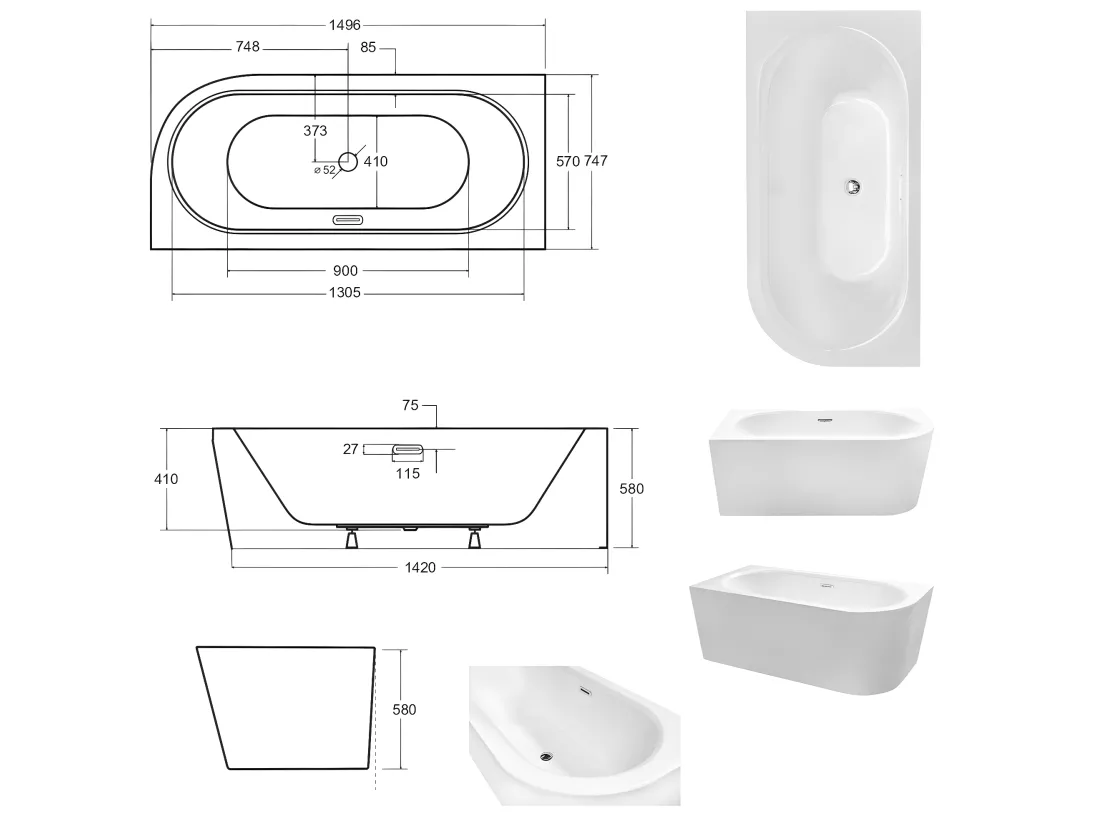 Baignoire d'angle Noir et Blanc + Siphon Doré et Vidage inclus + Repose tête - AVITA S CLASSE - GAUCHE - 150 x 75 cm