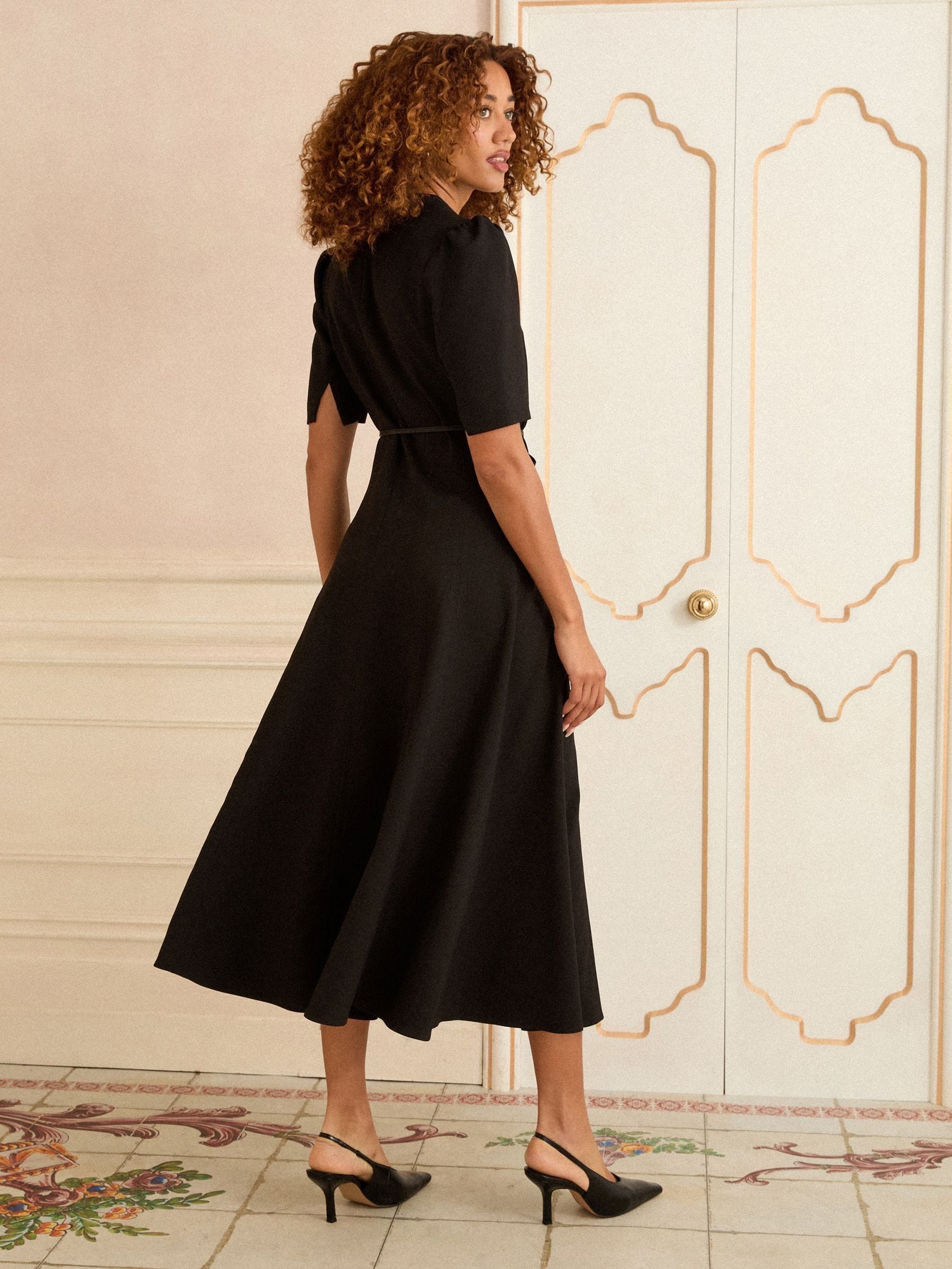 Love & Roses Crepe V-Neck PU Trim Midi Dress