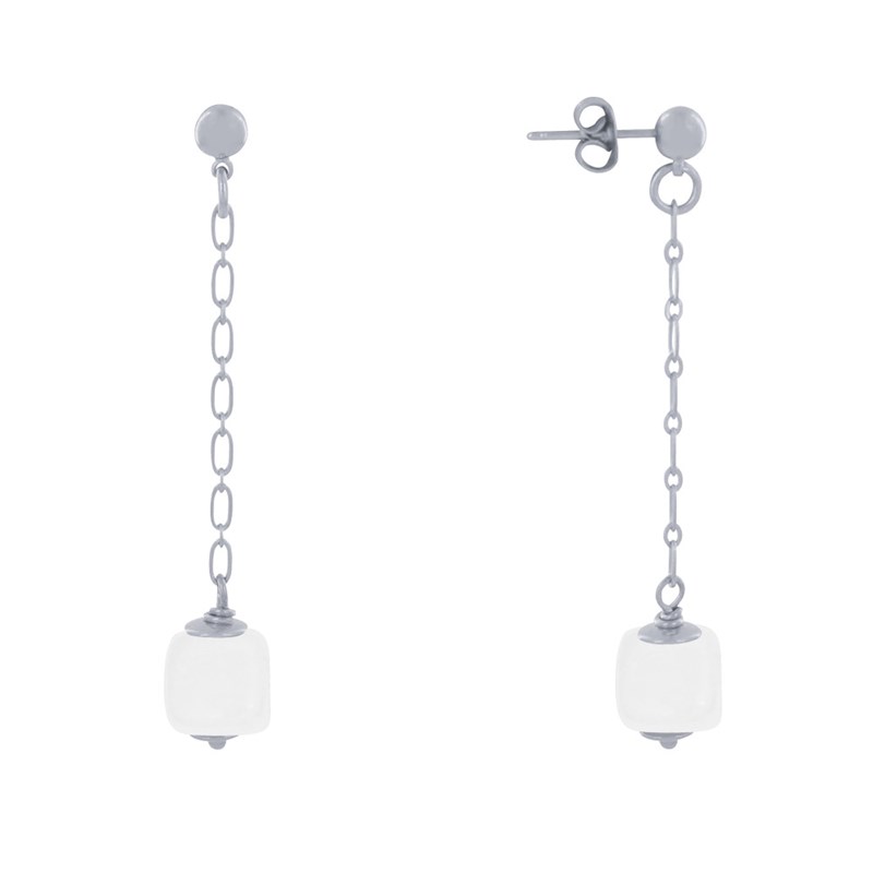 Boucles d'Oreilles Chainette Laiton Argenté et Cube en Céramique