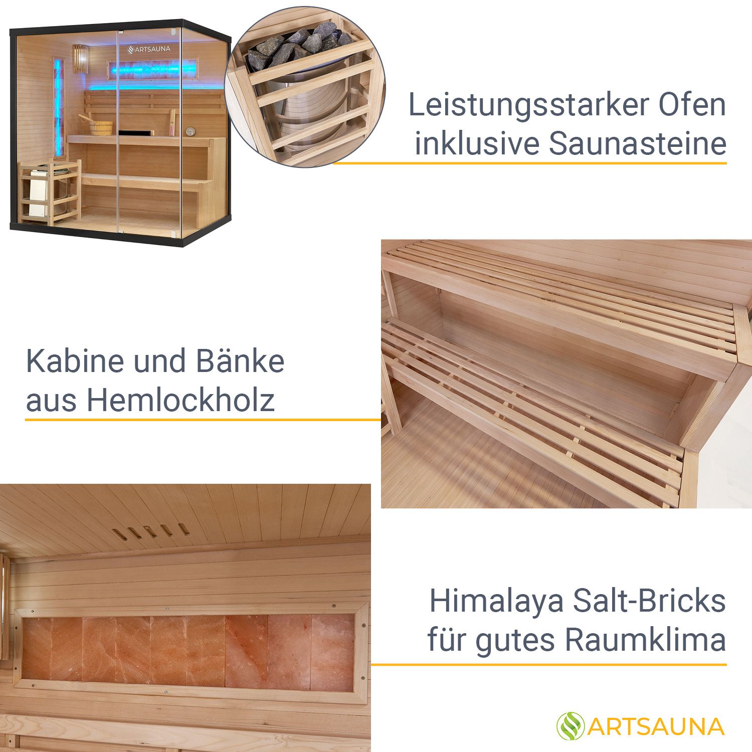 Vorbestellung: Artsauna Saunakabine Vantaa 175 mit Salzstein - Indoor Sauna für 4 Personen, 8 kW Ofen, Glasfront