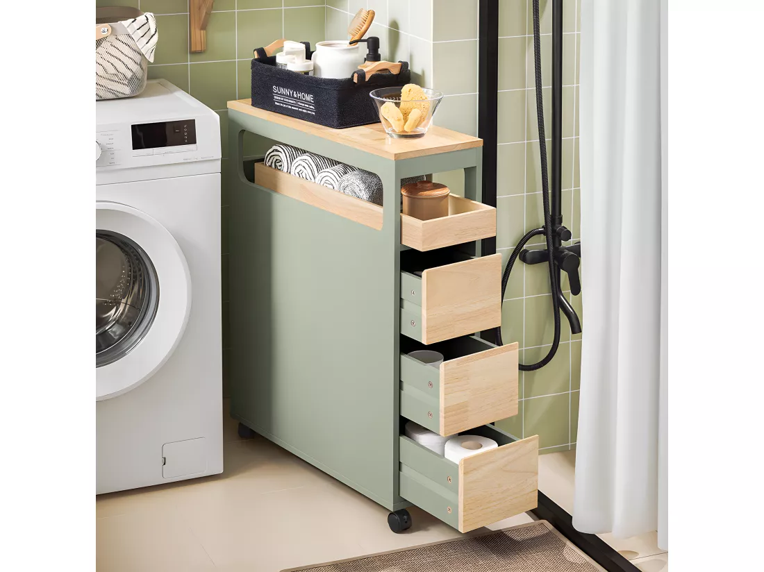 SoBuy Meuble de Rangement Salle de Bain Étroit sur roulettes, Support Papier Toilette, Armoire Toilettes WC Compact, Rangement Polyvalente avec 1 Plateau Amovible et 3 tiroirs, 65x24x82cm, BZR54-GR