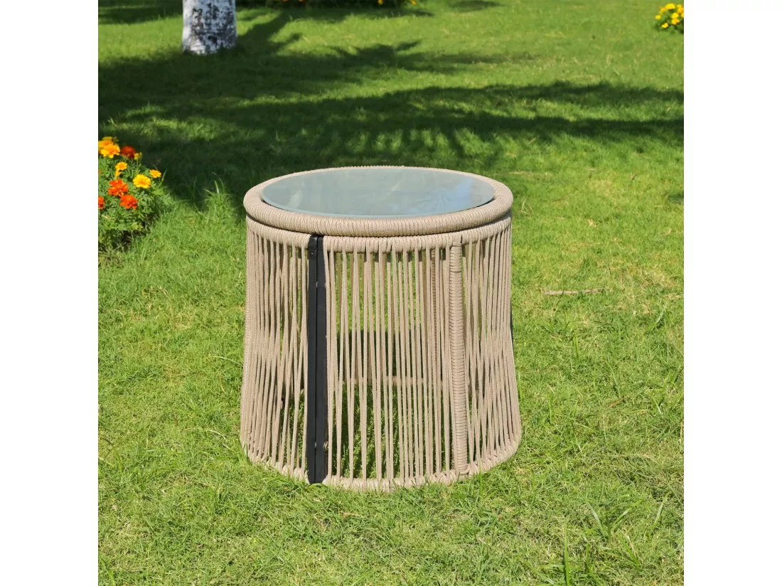 Salon de jardin en métal - avec coussins beige 8cm et dossier - Canapé 2 places + Méridienne droite + table basse