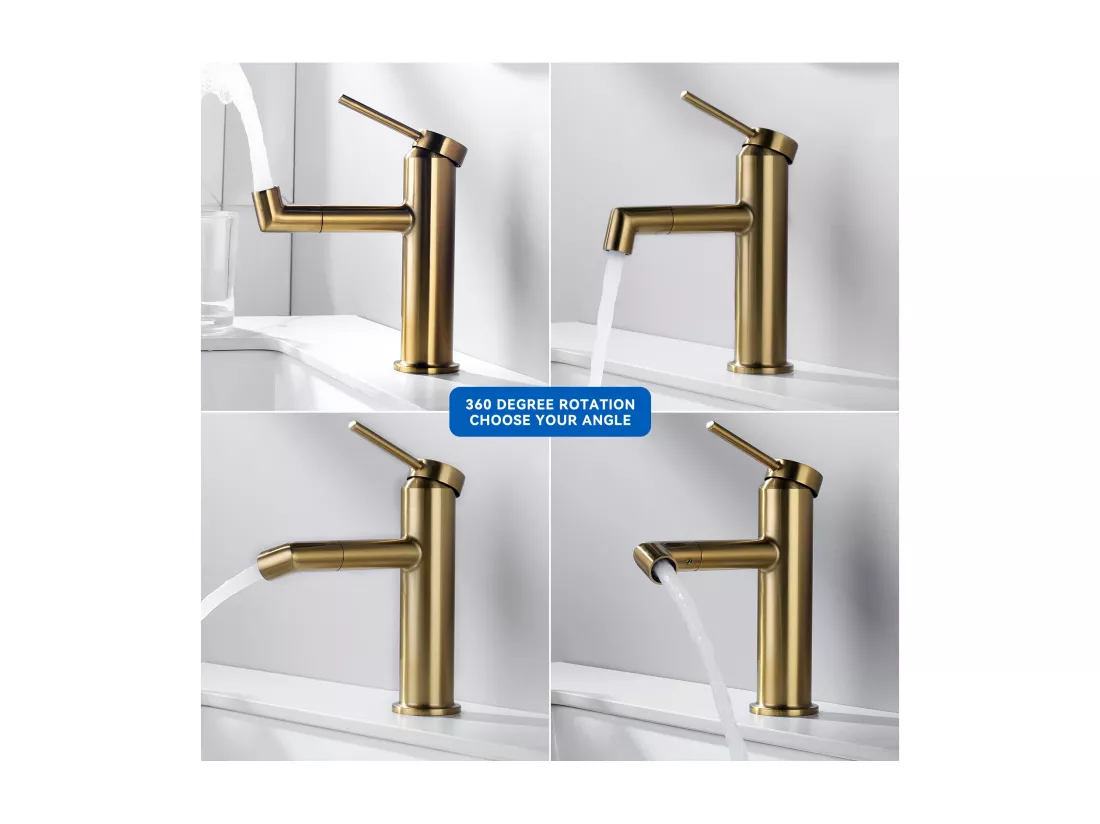 Mitigeur Lavabo Doré Rotatif à 360°,Eau Chaude/Froide,Barboteur Démotable+Ensemble Salle Bain Accessoire 6 Pièces,Auto-adhésif/percer,Inox,Noir