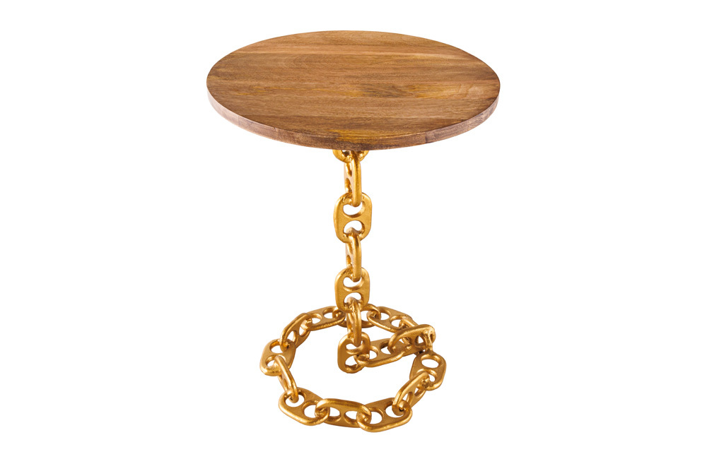 Design Beistelltisch CHAINS 55cm gold Mangoholz handmade Metall rund Kettengestell massiv