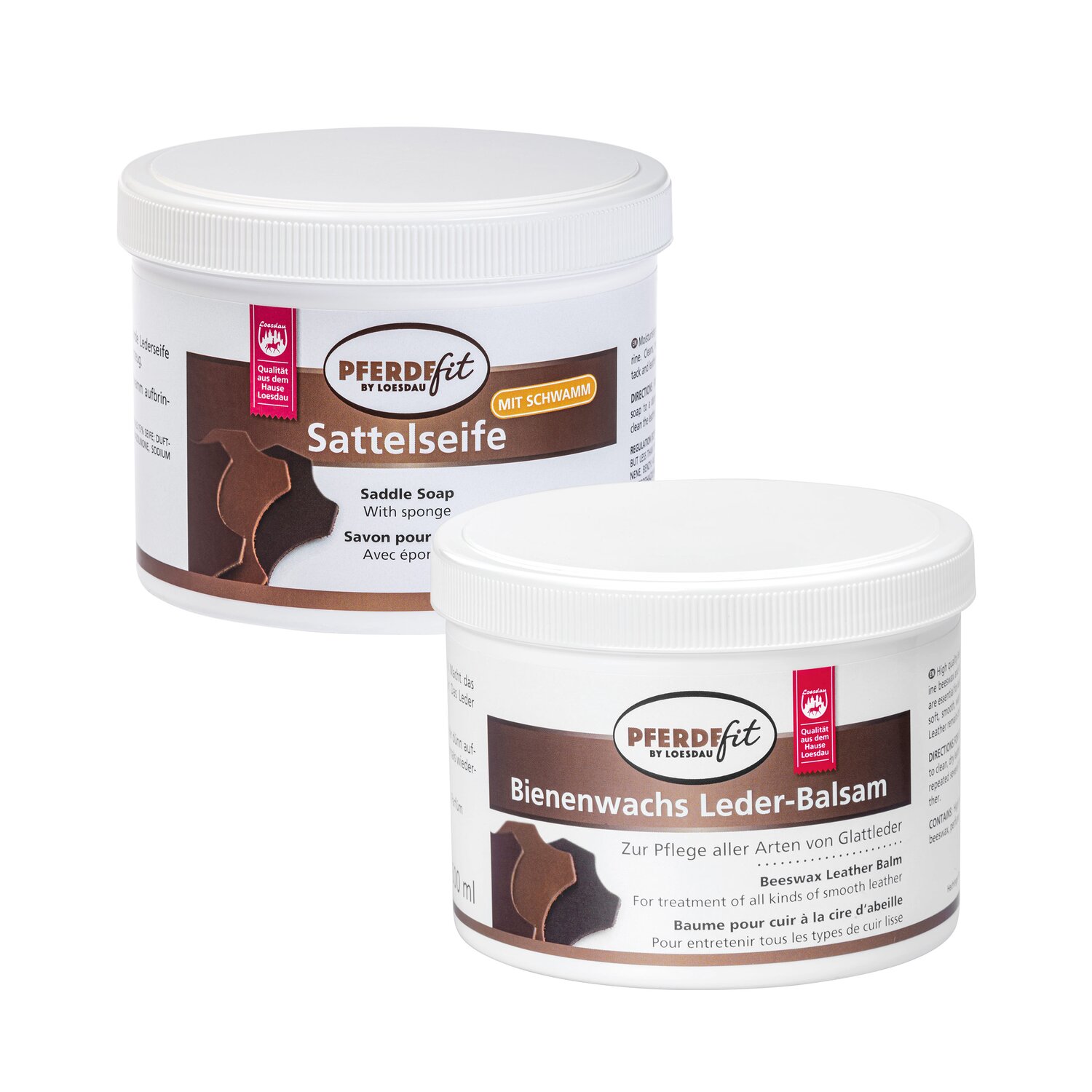 PFERDEfit by Loesdau Set Leder - Bienenwachs-Lederbalsam und Sattelseife mit Schwamm