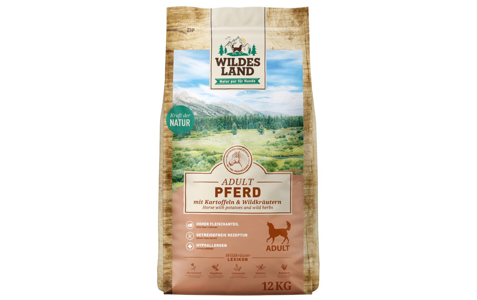 Trockenfutter Pferd mit Kartoffeln & Wildkräutern, 12 kgAlleinfutter aus Pferdefleisch mit Kartoffeln & Wildkräutern