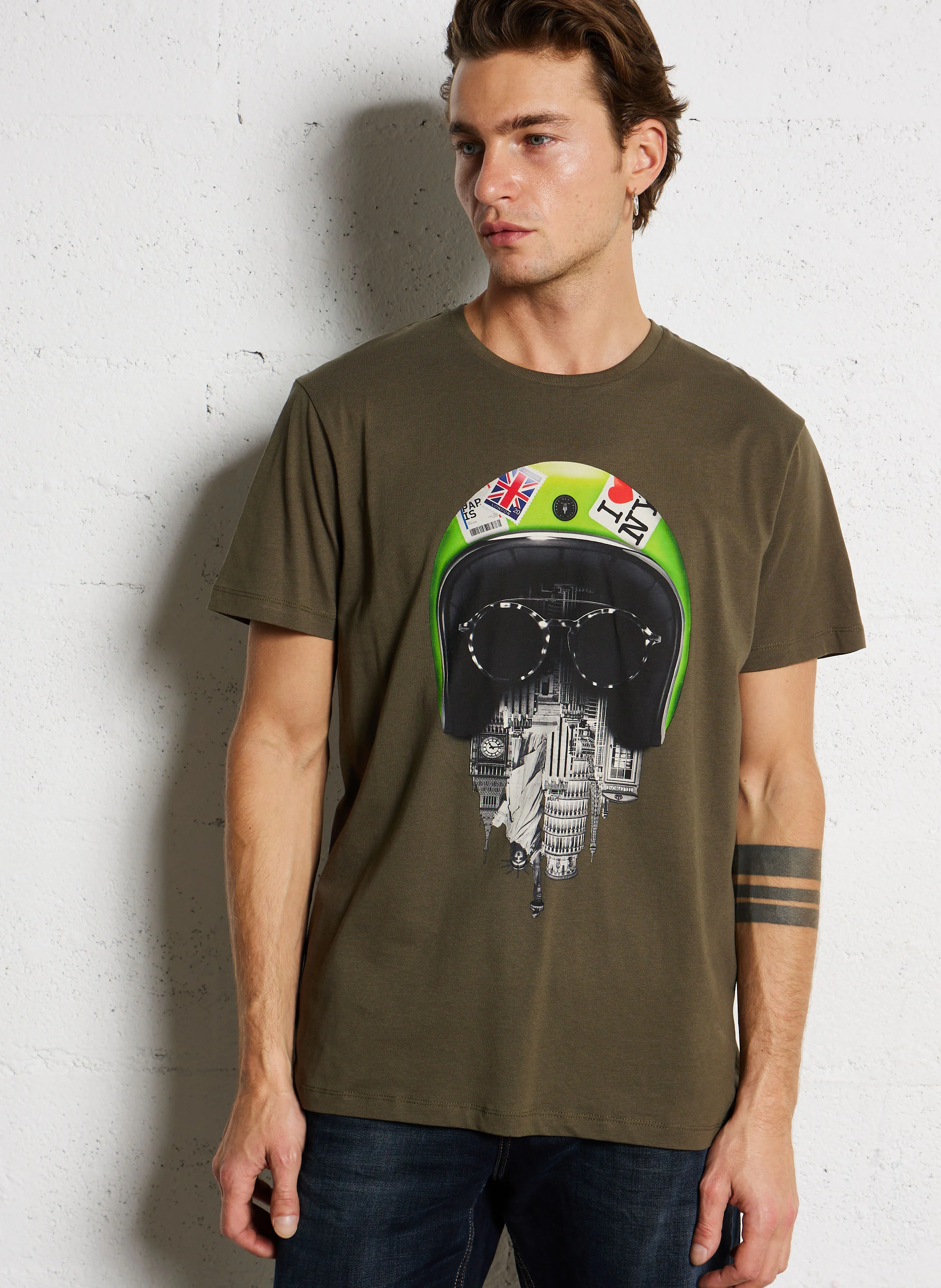 WENBY - Tee-shirt col rond ample en coton sérigraphié | Kaki