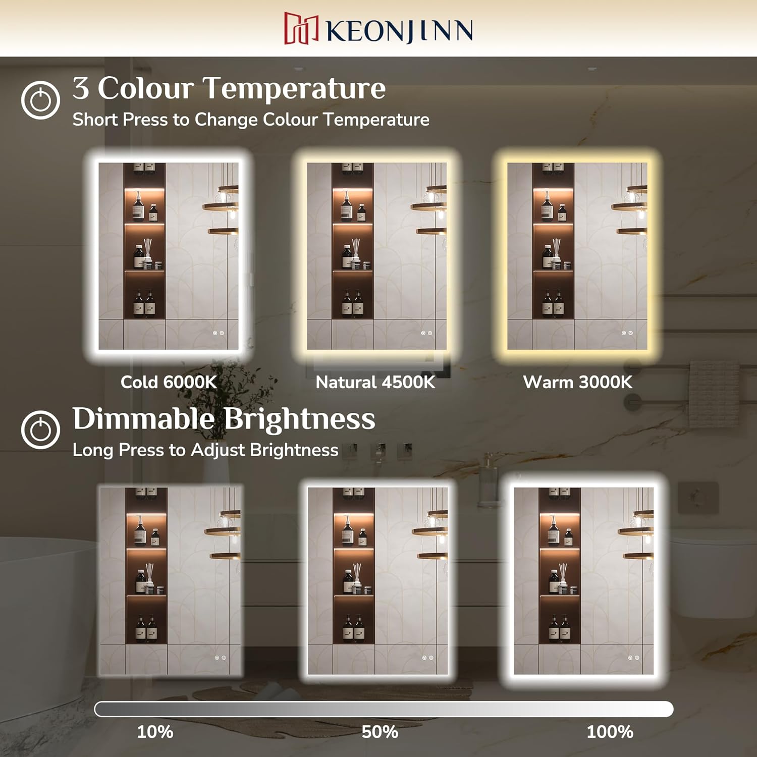 Keonjinn Badspiegel mit Beleuchtung Rechteckig 60x80cm, Badezimmerspiegel mit Beschlagfrei Touch Schalter Speicherfunktion 3 Lichtfarben Dimmbarer LED Bad Spiegel Ohne Rahmen Badezimmer Wandspiegel
