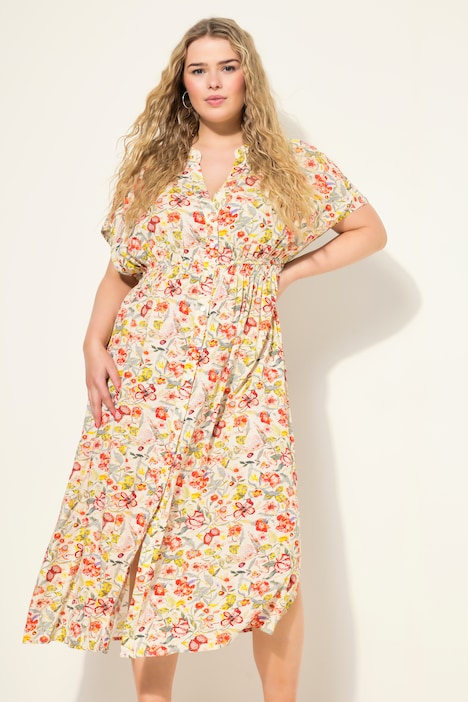 Maxikleid, A-Line, Flowerprint, Knopfleiste