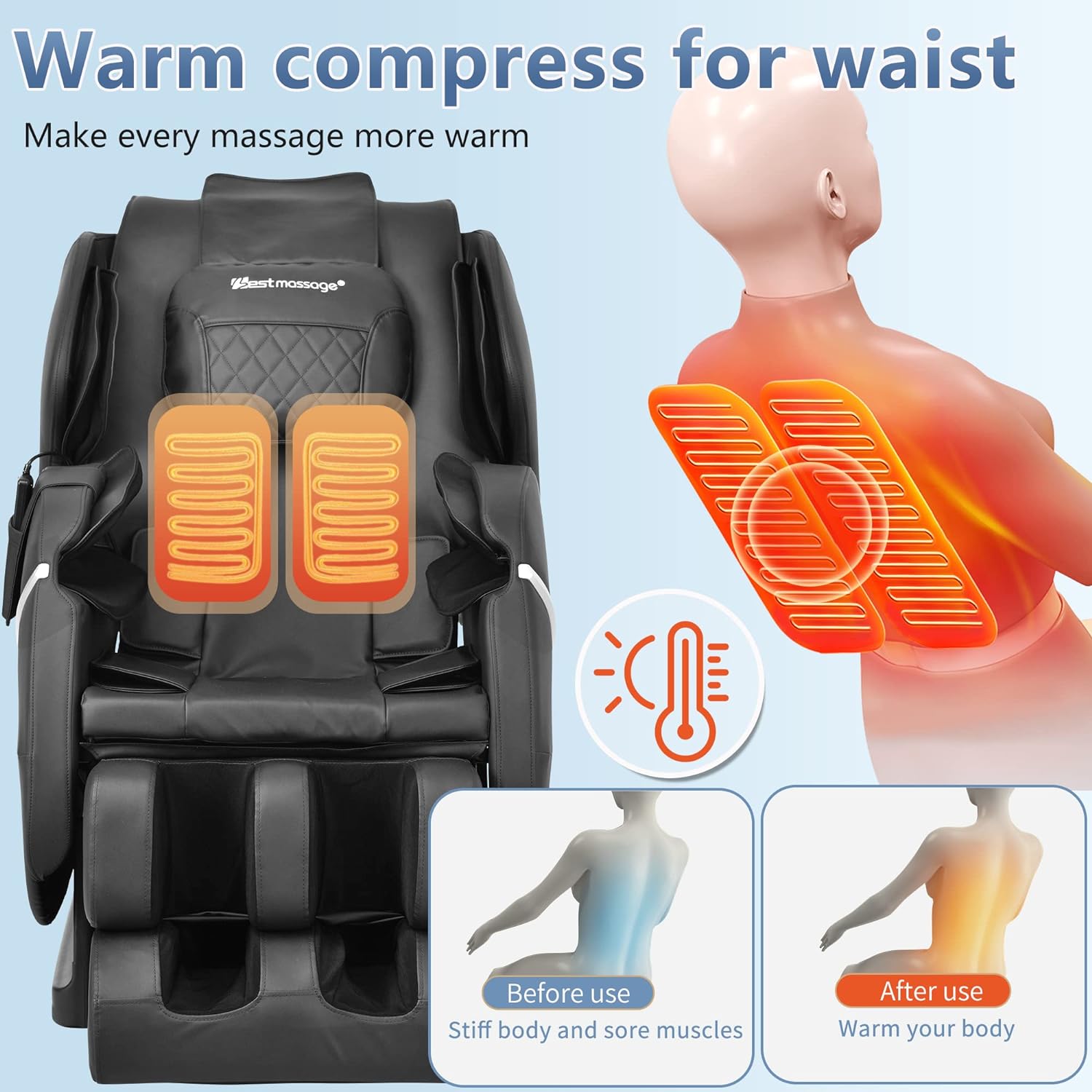 Cadeira de Massagem Elétrica Shiatsu de Corpo Inteiro com Gravidade Zero, Rolos para os Pés, Sistema Integrado de Massagem com Ar e Terapia de Calor, Alongamento e Vibração para Casa e Escritório (Preta)