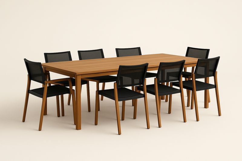 Garten-Esstisch-Set aus Teakholz mit 8 Stühlen auf Stahlrahmen, Natur/Schwarz