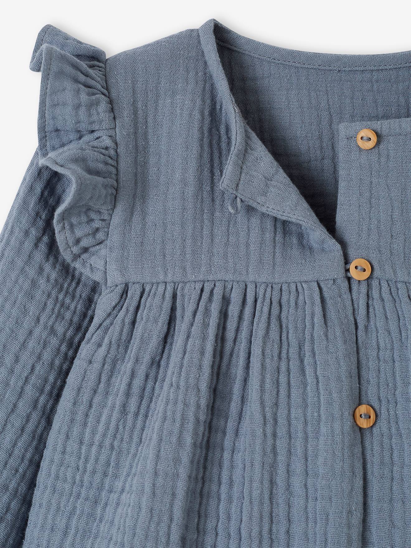 Blusa infantil azul claro em chiffon de algodão com babados.