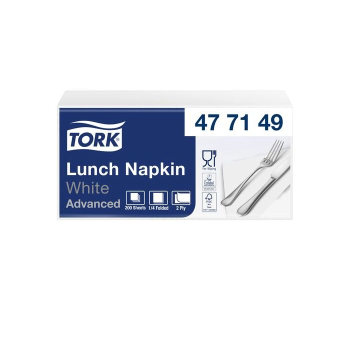 200st Tork Lunch Servetten 477149 Wit 2lgs 33x33cm 1/4vouw pak à 200st
