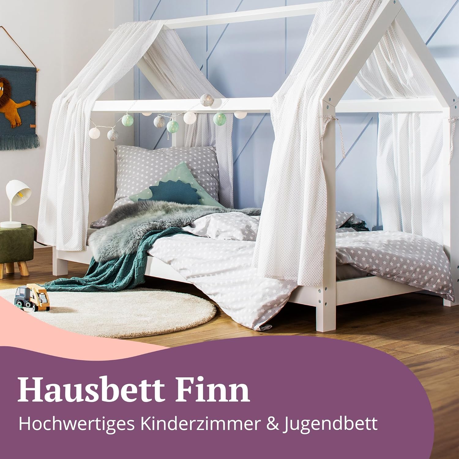 Puckdaddy® Finn | Hausbett 90x200 cm | Kinderbett aus Holz in Weiß | Bettrahmen im Hausbett-Design | Roll Lattenrost 90x200 | Hochwertiges Kinderzimmer & Jugendbett | Bett für Kinder von 3-16 Jahren
