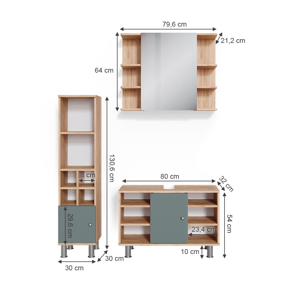 Vicco Badmöbelset Waschtischunter 80cm Spiegelschrank Midischrank kl. Tür Fynn