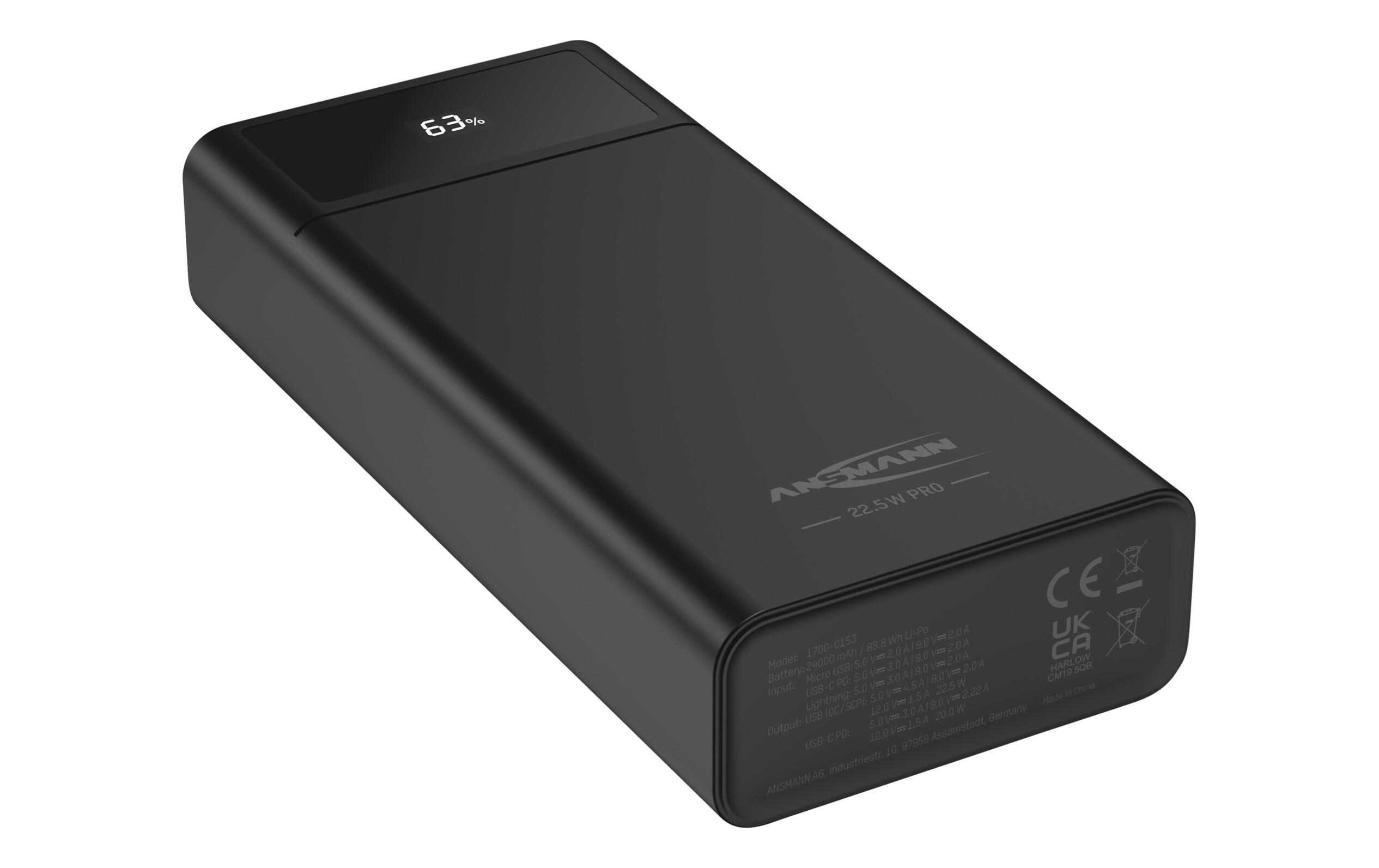 Powerbank PB322PD, 24000 mAhMobiler, schnellladefähiger Zusatzakku mit fünf USB-Ladebuchsen