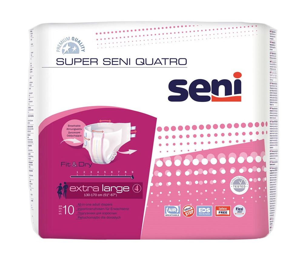 Super Seni Quatro Windelhosen XL atmungsaktiv Hüftumfang 130-170cm 9 Tropfen 10 Stk