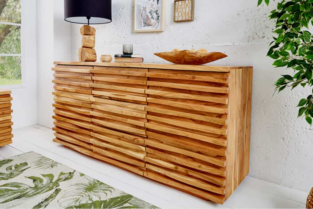Massivholz Sideboard RELIEF 160cm Akazie Kommode mit Schubladen aufwändige Front