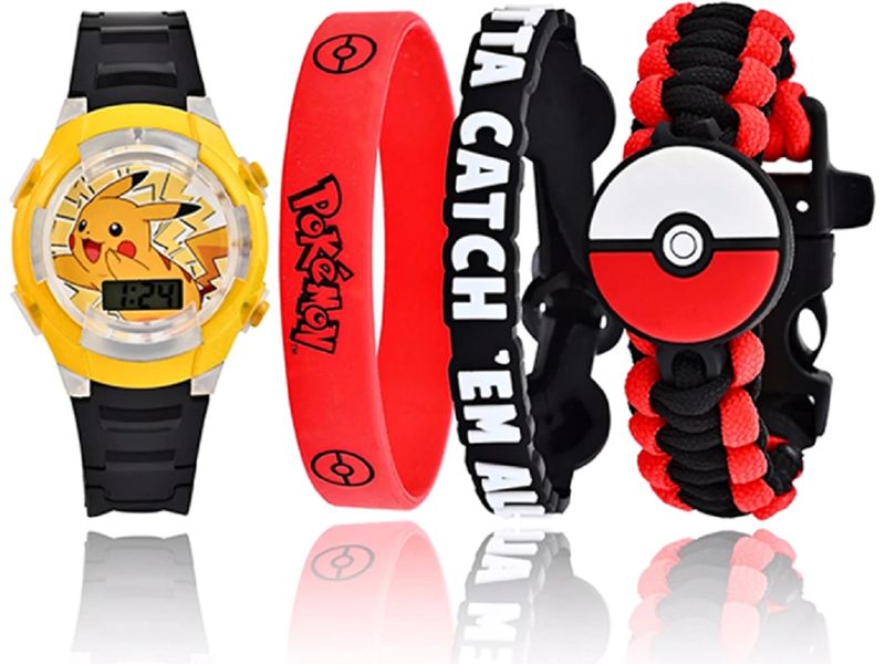 Waldmeier LCD Uhr Geschenkset Pokémon Gelb/Rot/Schwarz Leuchtende Kinderuhr mit digitaler Anzeige