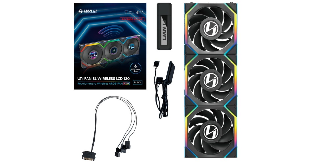 Lian LiUNI FAN SL120 LCD Wireless Reverse Blade RGB case fans  (Zwart, 3 stuks, 120 x 124.5 x 28 mm, PWM)
