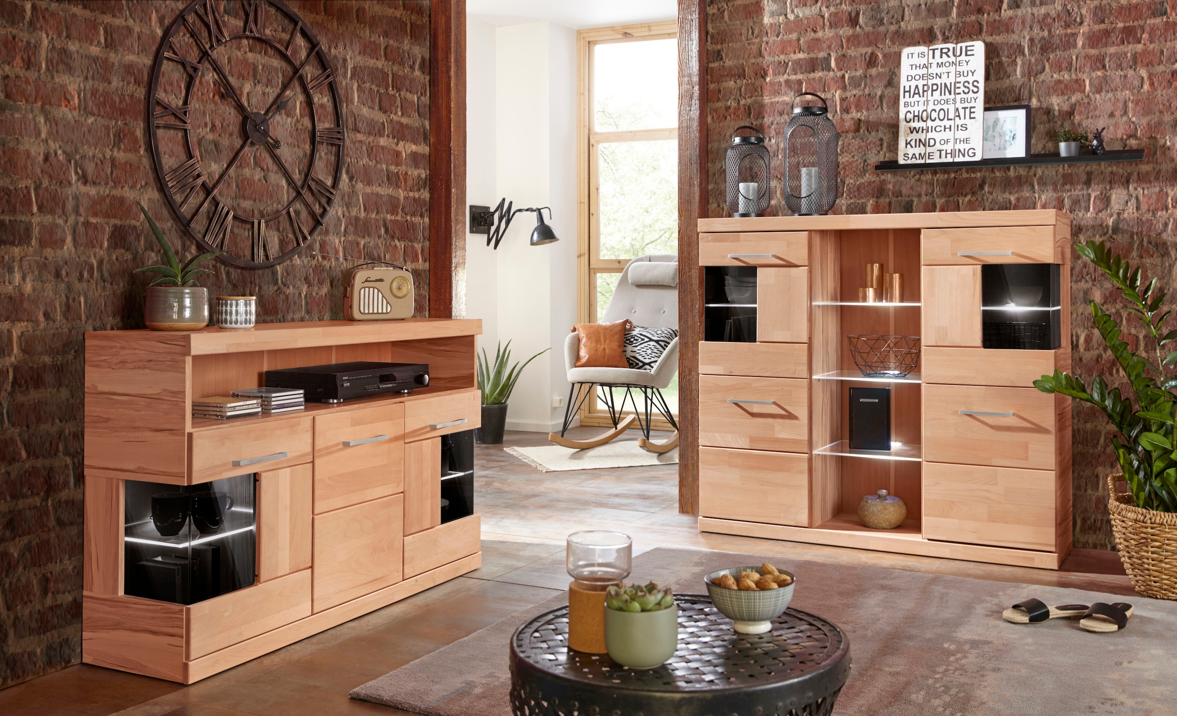 Home affaire Highboard »Ribe,120cm breit,112cm hoch,Oberplatte massiv,12 Fächer« Holz massiv, Holzwerkstoff, Metall Griffe,2Türen mit Glaseinsatz